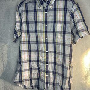 Haggar Shirt Mens Medium Blue Plaid Short Sleeve Button Up Polyester Blend